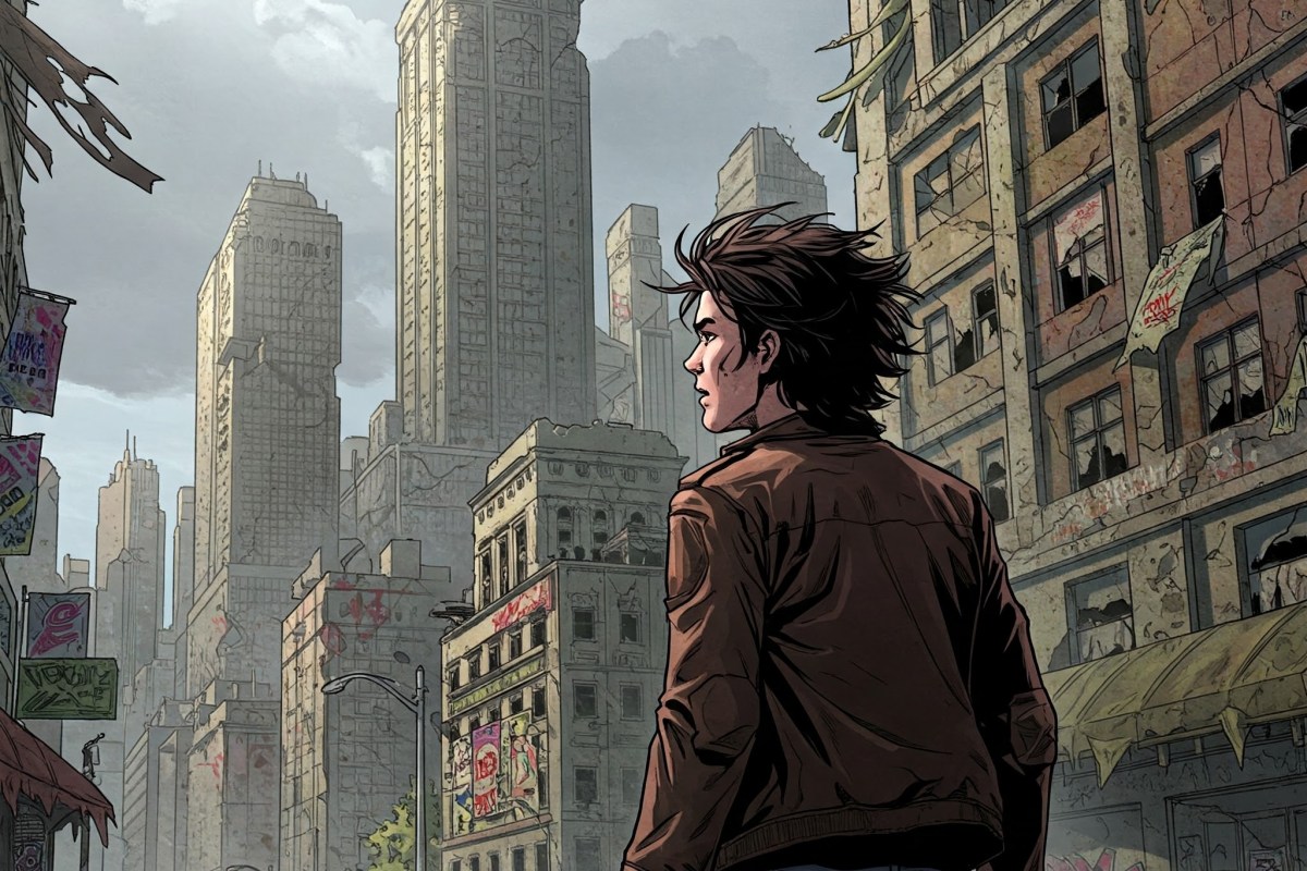 Un ragazzo osserva una città in rovina, simbolo di disillusione lavorativa.